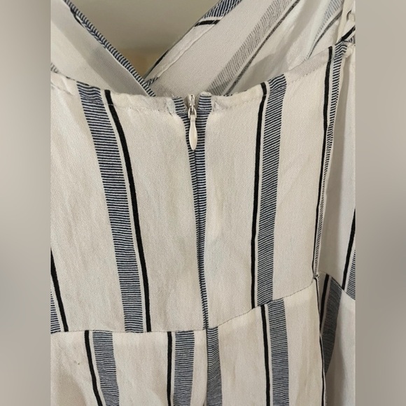 Euro Summer Blue and White Stripe Midi Dress Spaghetti Straps and Faux Wrap Top - Picture 3 of 3